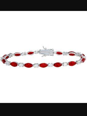 Silver925 Rhodium Plated Alternating Red Oval CZ, Clear Round CZ Tennis Bracelet